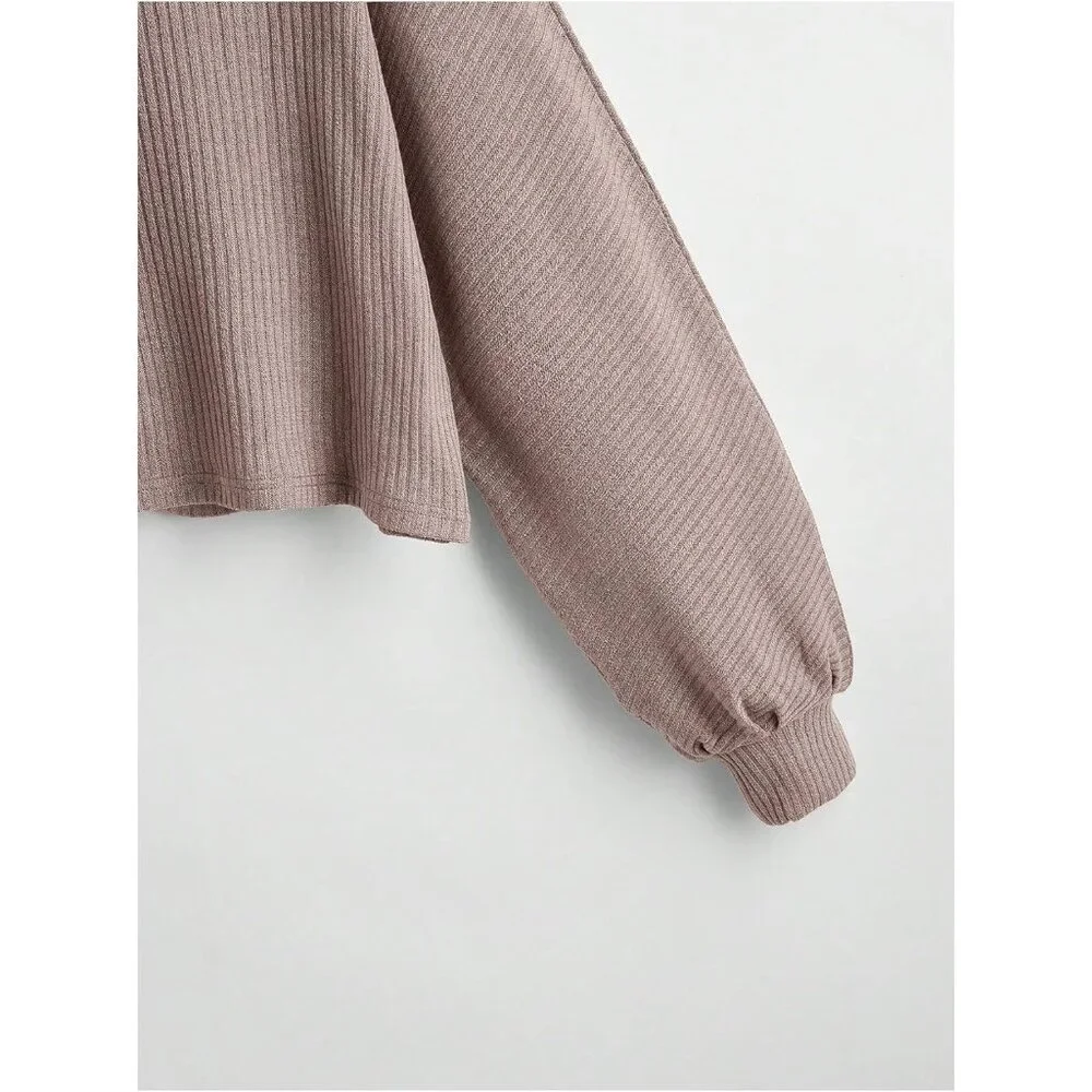 Crewneck Raglan Long Sleeve Ribbed Knit Crop Top Cropped Sweater Mocha Brown - Picture 5 of 5